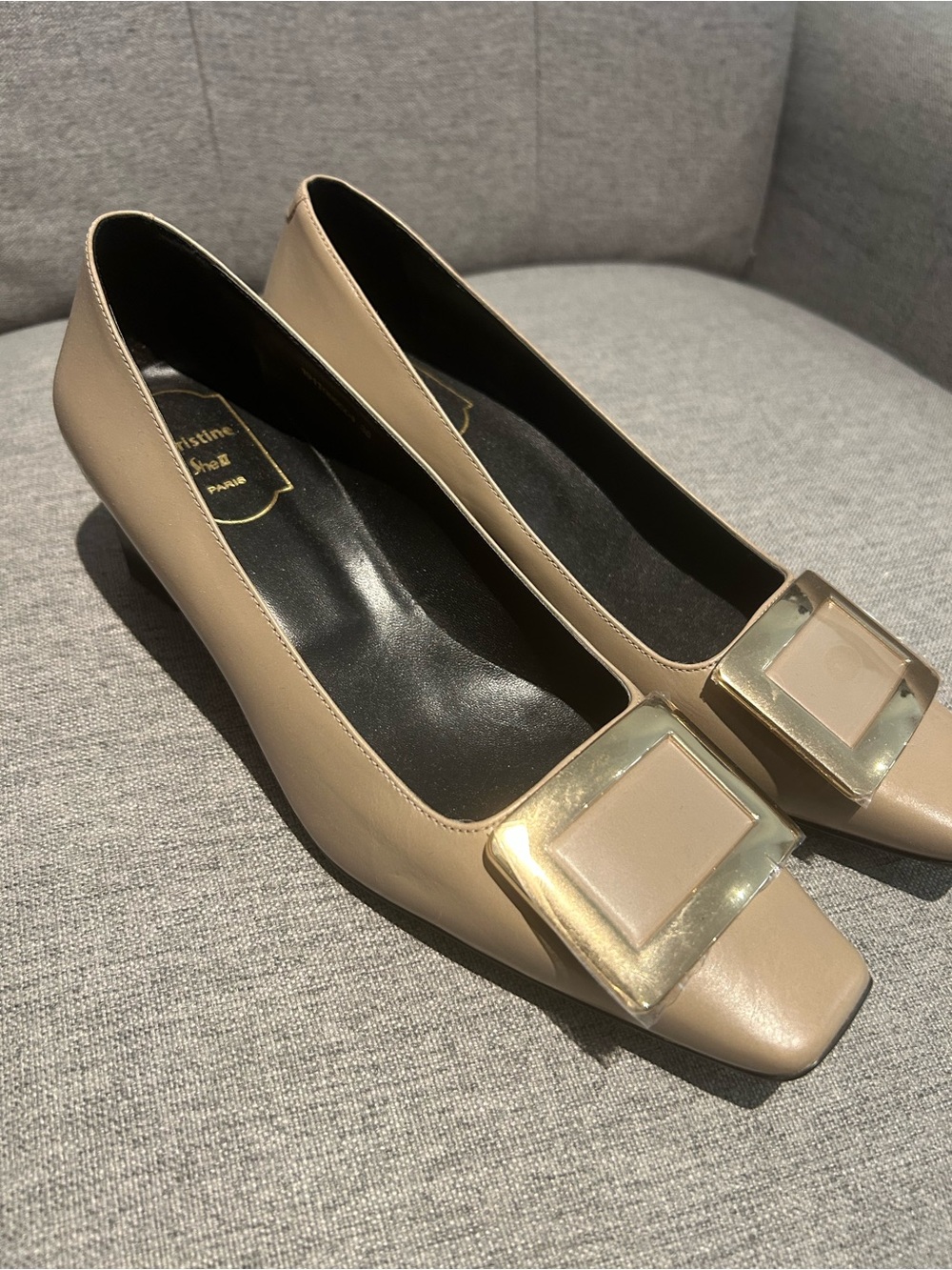 Women Nude Square-Toe Pump heels with Gold Buckle